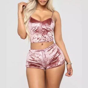 Pink Two Piece Sleepwear Velvet Bra Set